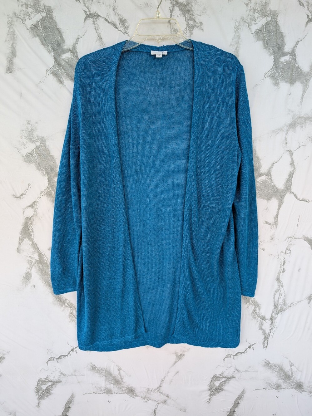 J. Jill Teal Open Front Open Knit Linen Blend Cardigan Women's Size Medium